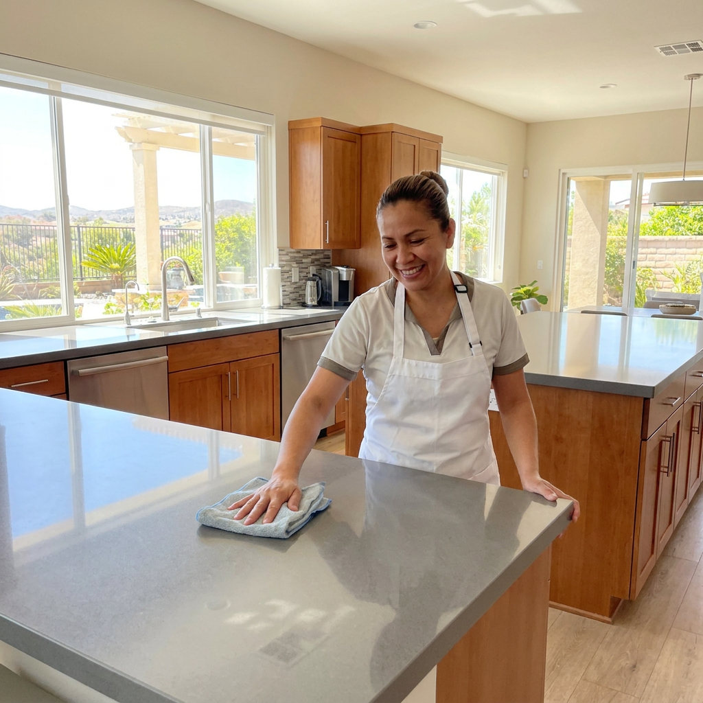 Morpaige cleaner wiping kitchen countertop